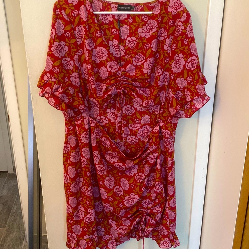 Red Floral Ruched Detail Cut Out Bodycon Dress